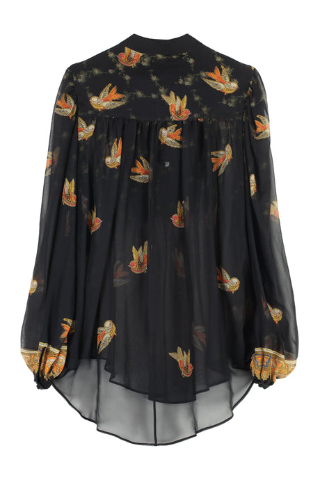 ETRO Black Printed Georgette Blouse with Paisley Motif and Tie Neck Ribbon for Women