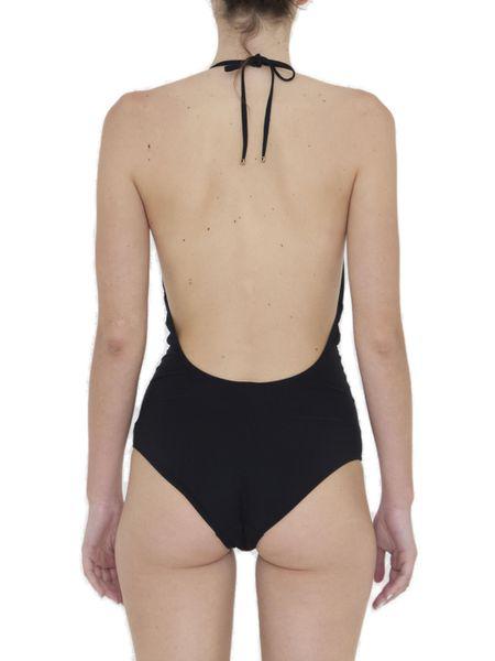 CELINE Women's Black Swimsuit with Gold-Tone Trim and Cut-Out Details