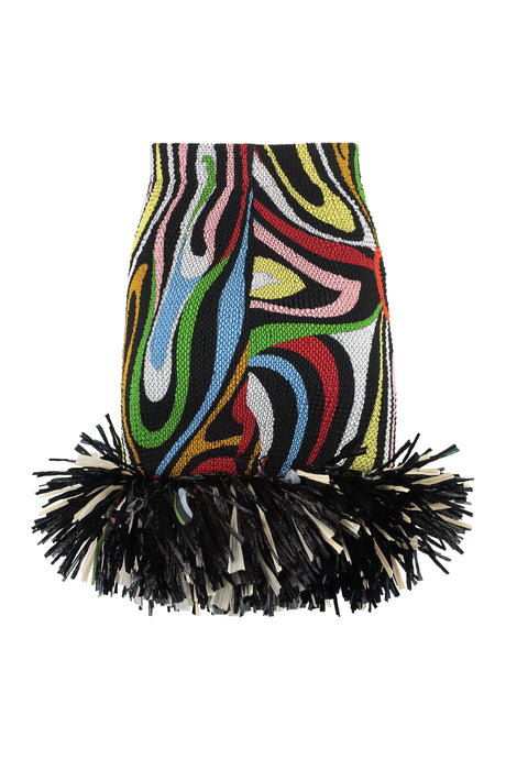 EMILIO PUCCI Multicolor Seersucker Skirt with Fringes and Elastic Waistband for Women