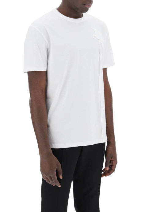 VALENTINO GARAVANI Men's White Mercerized Cotton T-Shirt with Tone-on-Tone Flower Applique
