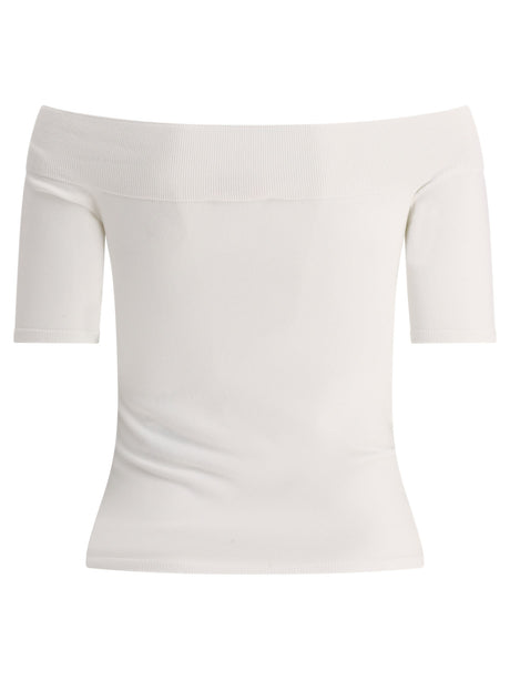 ALEXANDER MCQUEEN White Boat-Neck Top for Women - Slim Fit, Ribbed Collar, Hem and Cuffs, SS24