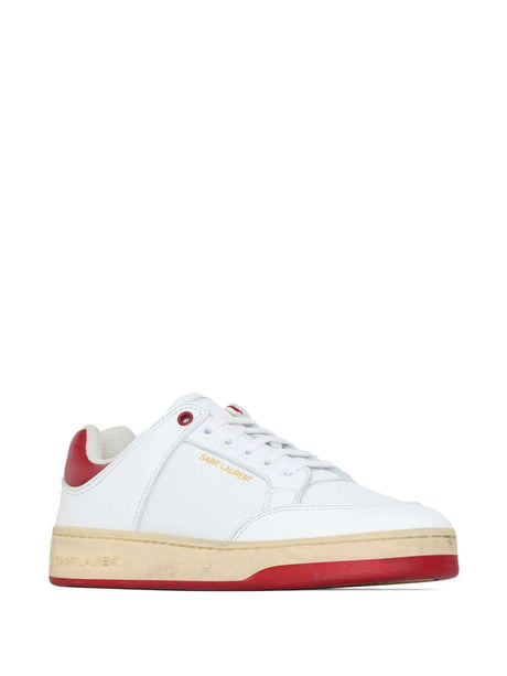 SAINT LAURENT Men's White Leather Sneakers with Red Sole and Signature Logo Details