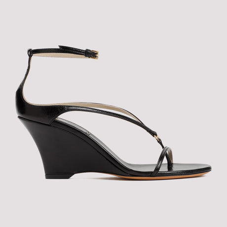 KHAITE Black Leather Ankle Strap Wedge Sandals for Women | SS24 Collection