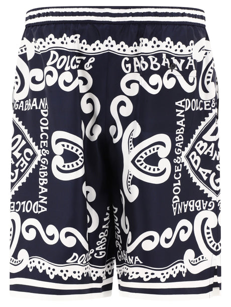 DOLCE & GABBANA Blue Silk Shorts with Marina Print for Men