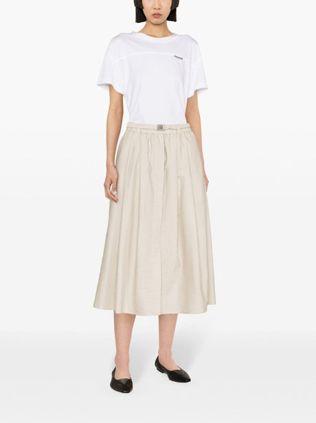 BRUNELLO CUCINELLI Tan Crinkled Cotton Blend Skirt with Pleat Detailing and High-Waisted Fit
