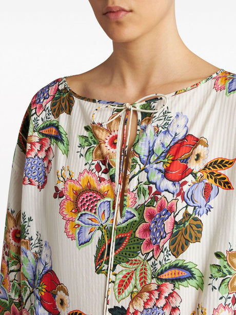ETRO Floral Print Gathered Tie Neck Top in White and Multicolor - SS24
