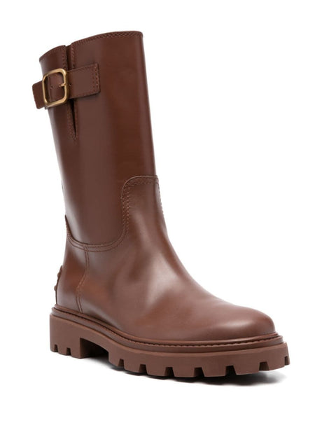TOD'S Buckle-Detail Leather Boots - Brown (FW23)