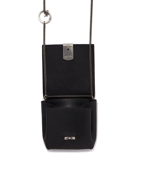WERKSTATT:MUNCHEN Black Leather Mini Neck Handbag with Silver Chain and Closure for Men